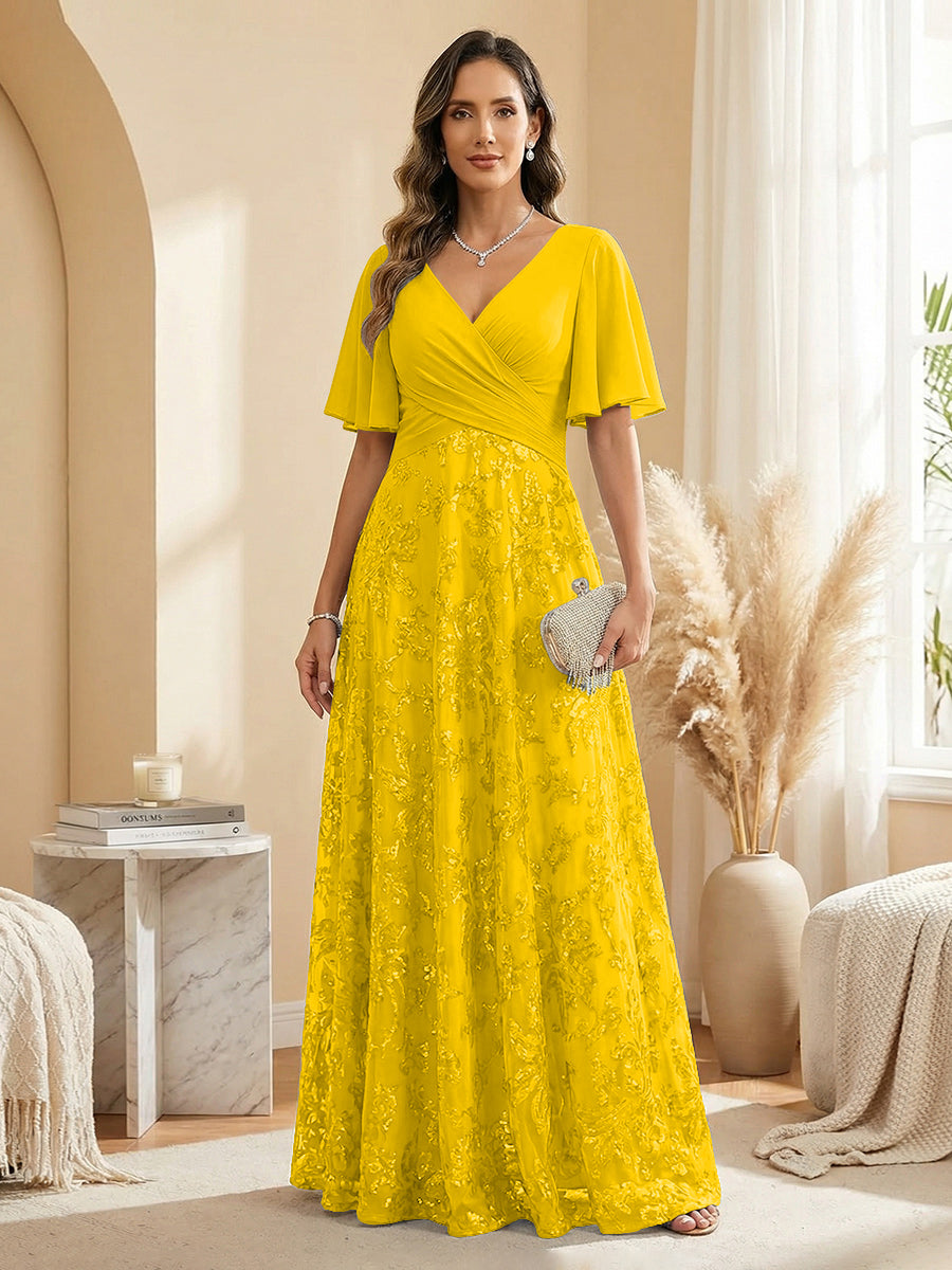 Champagne V-Neck Flutter Sleeve Chiffon & Lace Maxi Dress