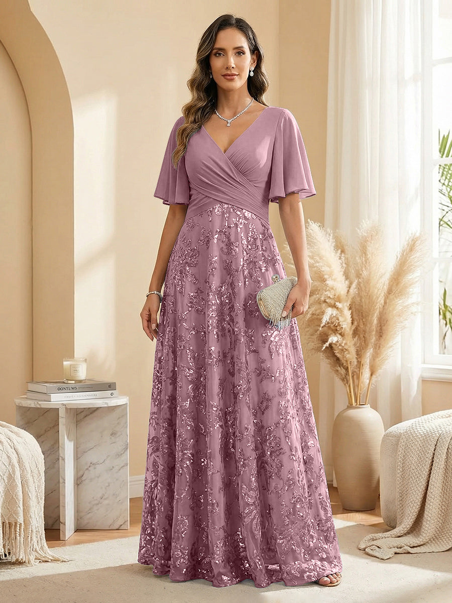Champagne V-Neck Flutter Sleeve Chiffon & Lace Maxi Dress