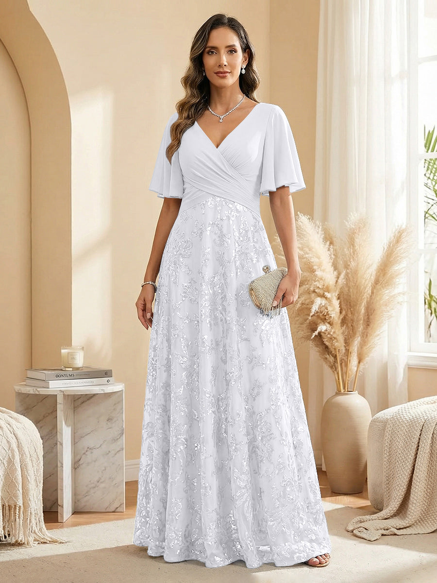 Champagne V-Neck Flutter Sleeve Chiffon & Lace Maxi Dress