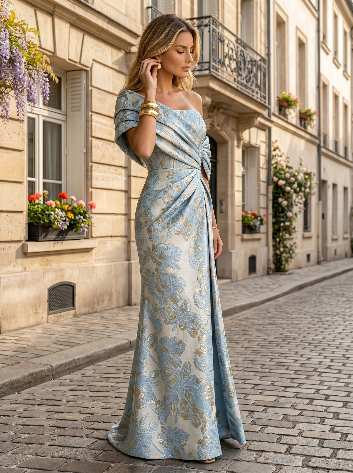 Sheath Satin Jacquard Off Shoulder Floor-Length Mother of the Bride & Groom Dresses