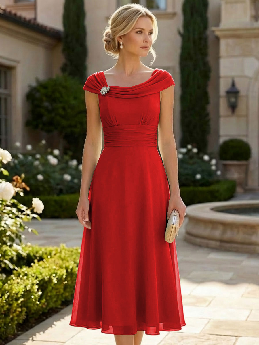 Lightweight Sheath Tea-Length Chiffon Mother of the Bride & Groom Dresses with Cowl Neck & Ruched Waist