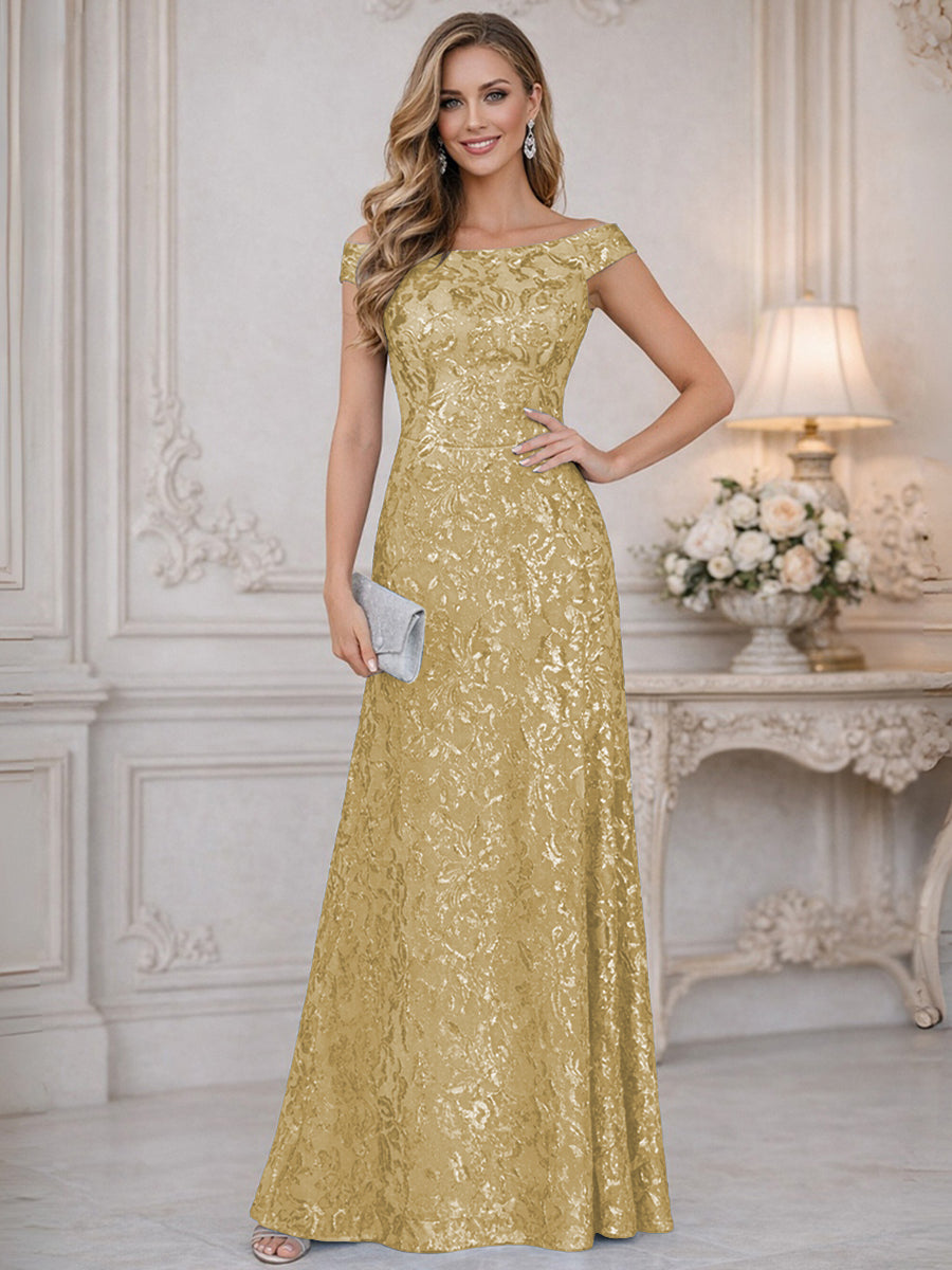 A-Line Off Shoulder Floor-Length Mother of the Bride Dresses with Sequins
