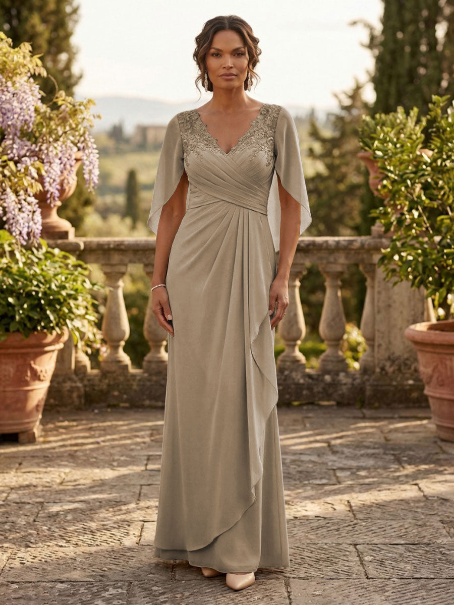 A-Line Chiffon Cape Sleeves Floor-Length Mother of the Bride & Groom Dresses with Ruched Waist