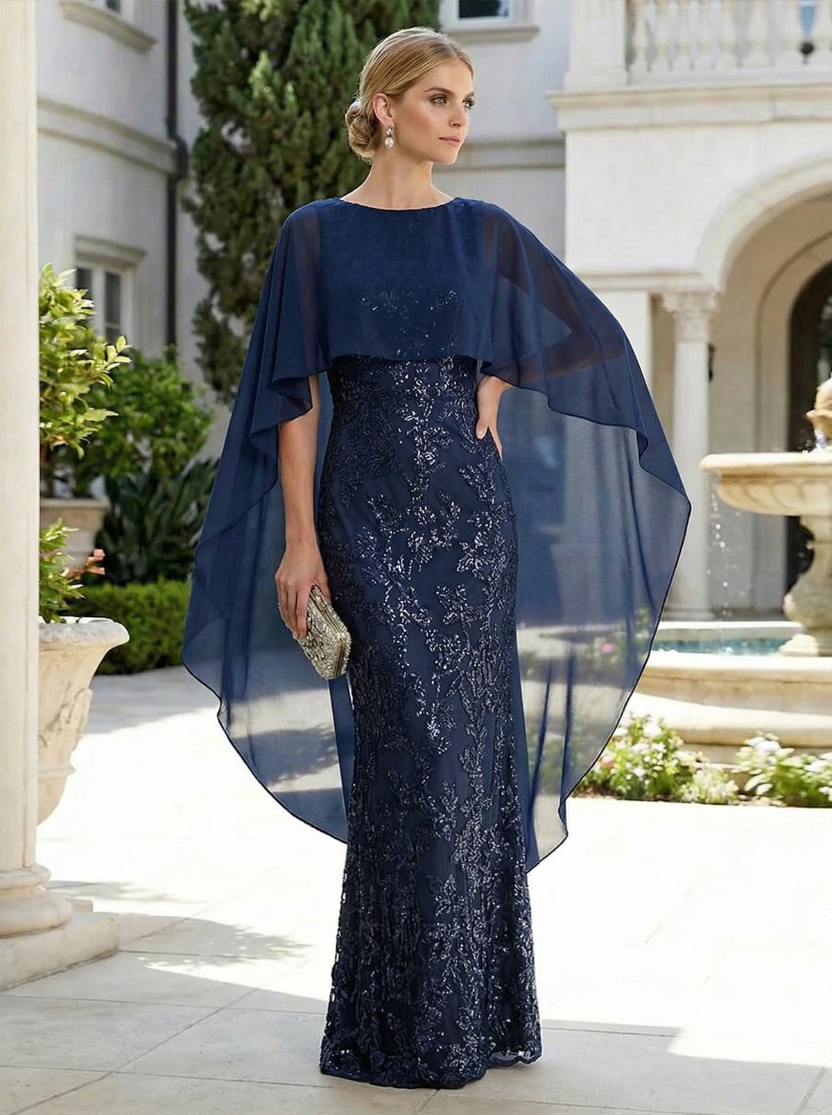 Sheath 3D Floral Embellished Lace Floor-Length Mother of the Bride & Groom Dresses with Chiffon Capelet Sleeves
