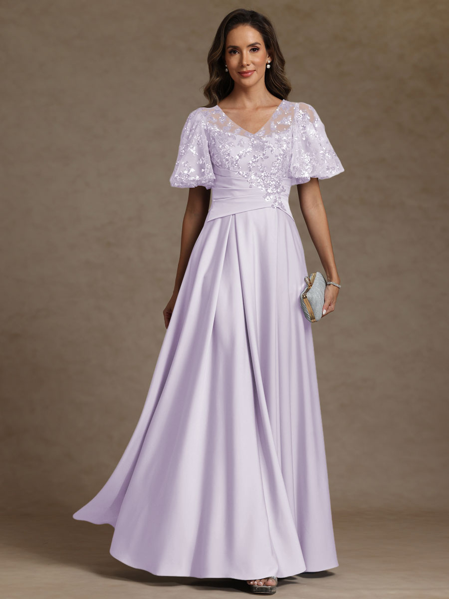 A-Line/Princess V-Neck Illusion Pleated Satin Floor-Length Mother of the Bride Dresses with Sequins