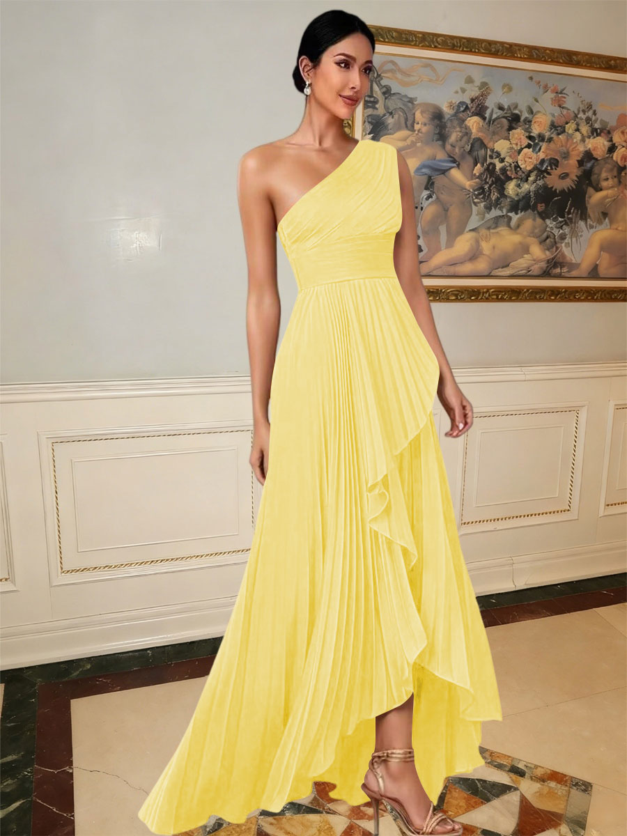 A-Line/Princess One Shoulder Pleated Satin Floor-Length Formal Dresses with Ruffle