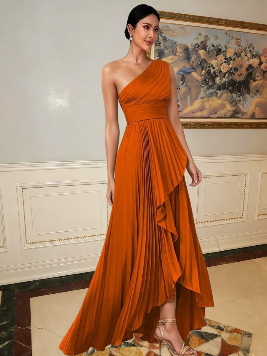 A-Line/Princess One Shoulder Pleated Satin Floor-Length Formal Dresses with Ruffle