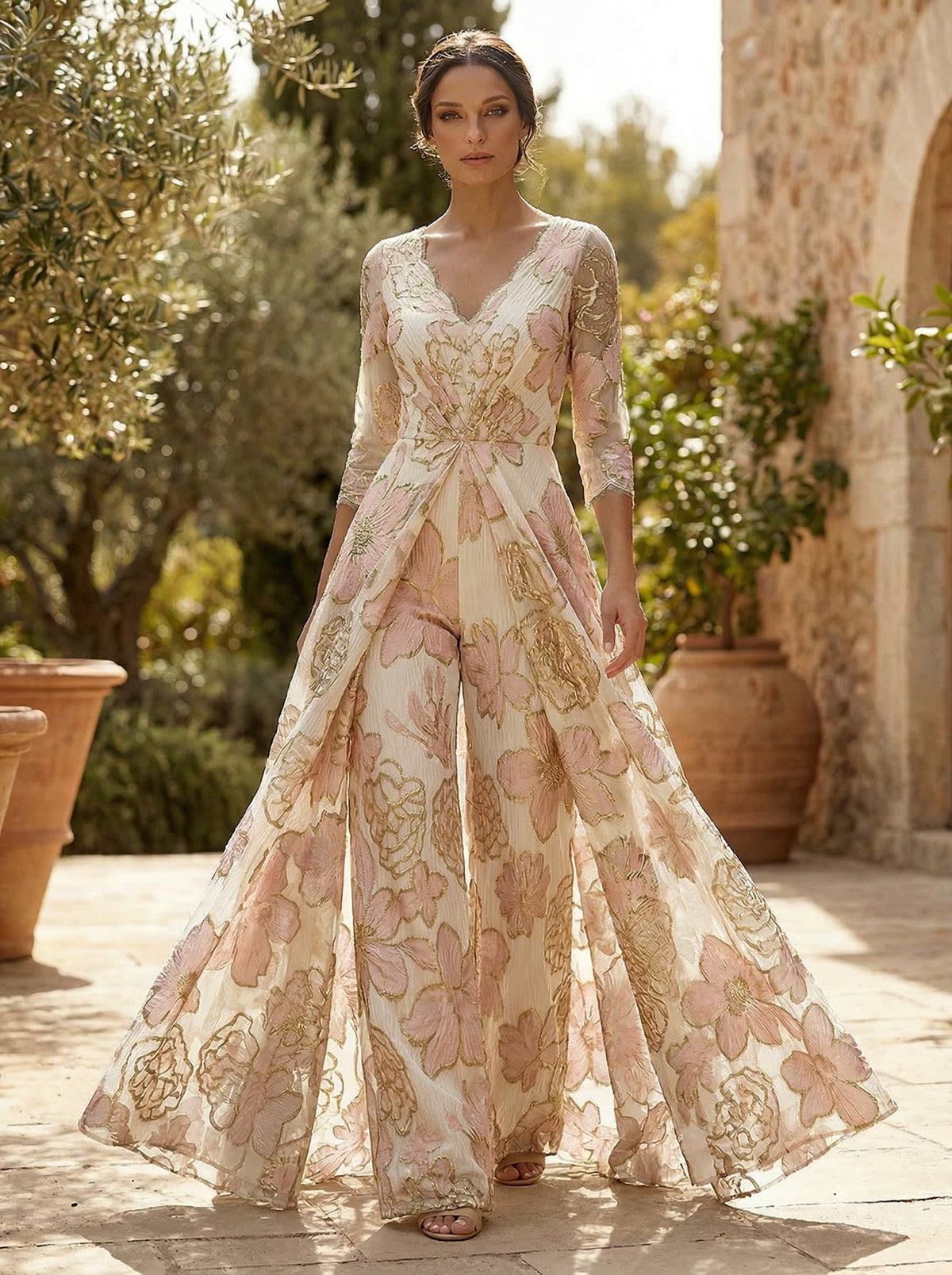 Floral Jacquard 3/4 Sleeves V-Neck Mother of the Bride & Groom Jumpsuit with Ruched Waist