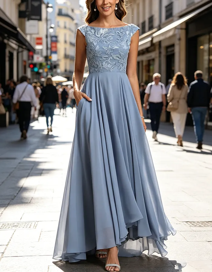 Floral Lace Cap Sleeve Chiffon High Waist A-Line Maxi Dress