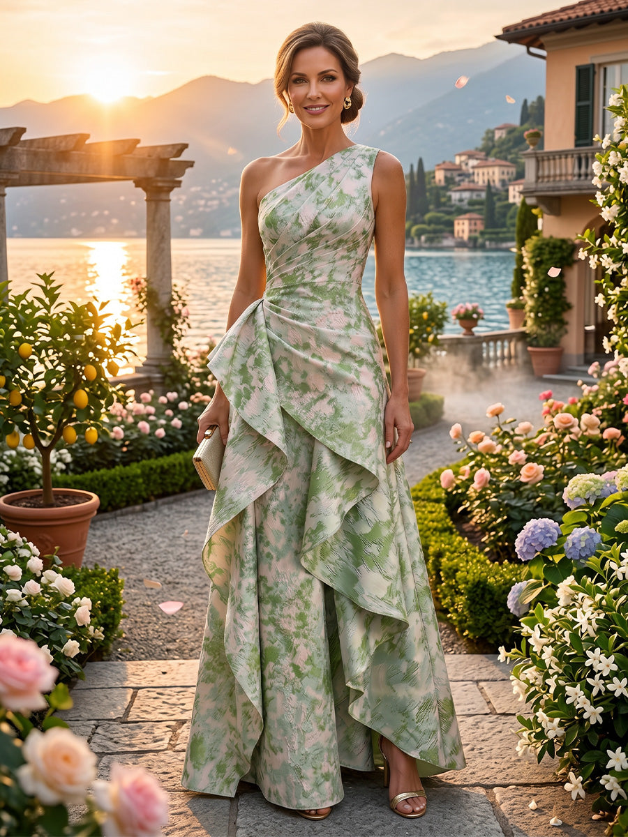 Floral Print A-Line/Princess One Shoulder Floor-Length Evening Dresses with Ruffles
