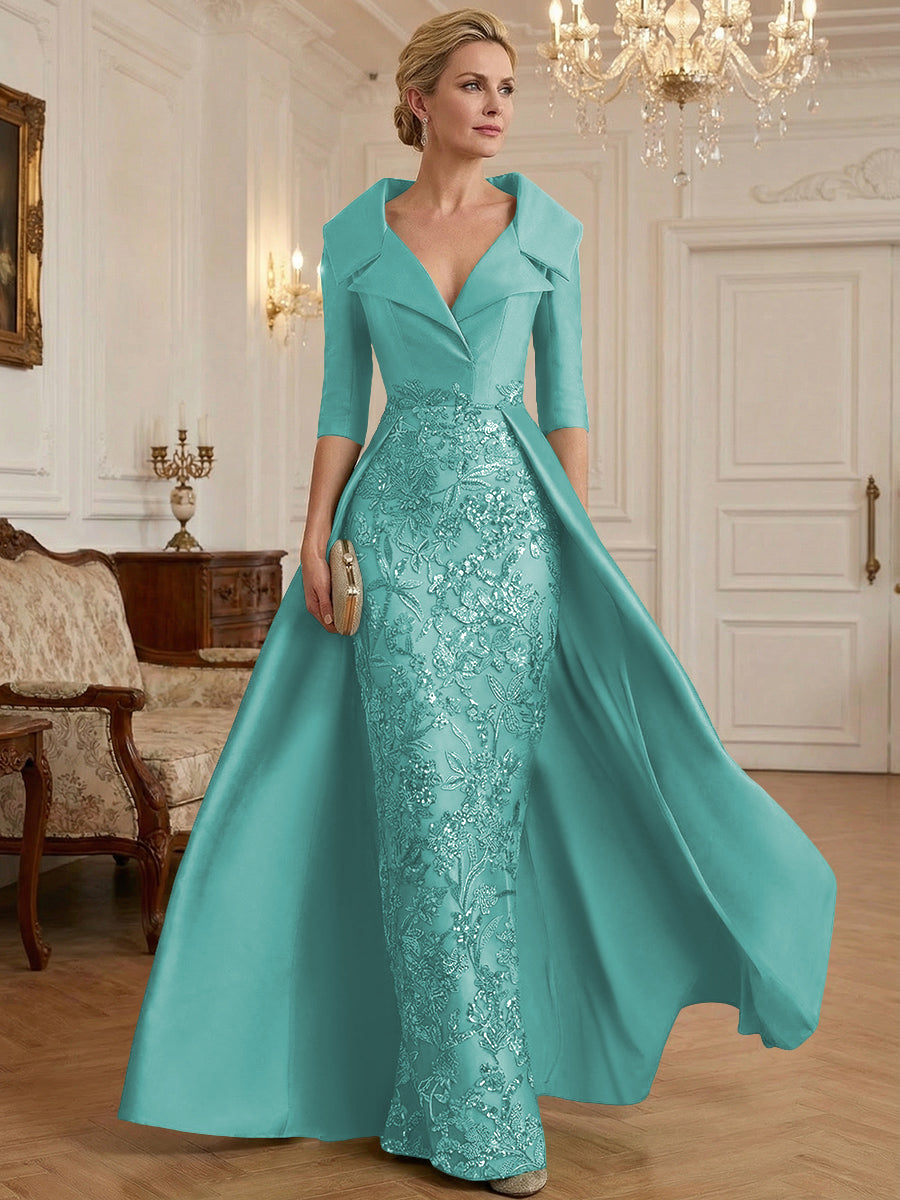Sheath V Neck 3/4 Sleeve Sequined Mother of the Bride Dresses with Appliques