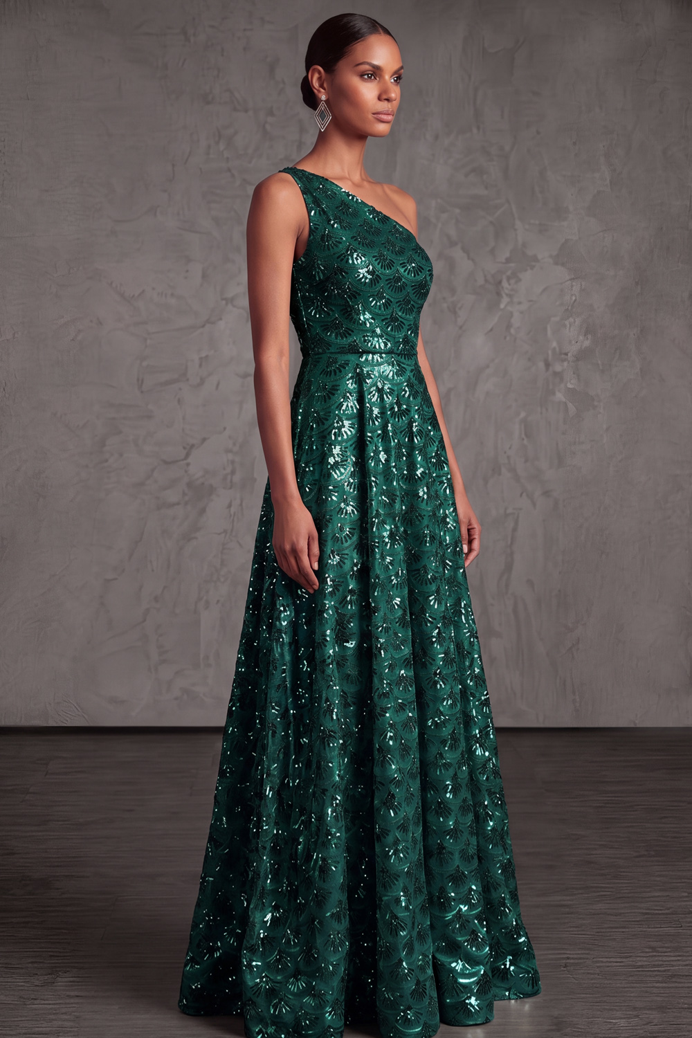 Champagne Formal Evening Dress One Shoulder Satin Maxi Dress with Sequin