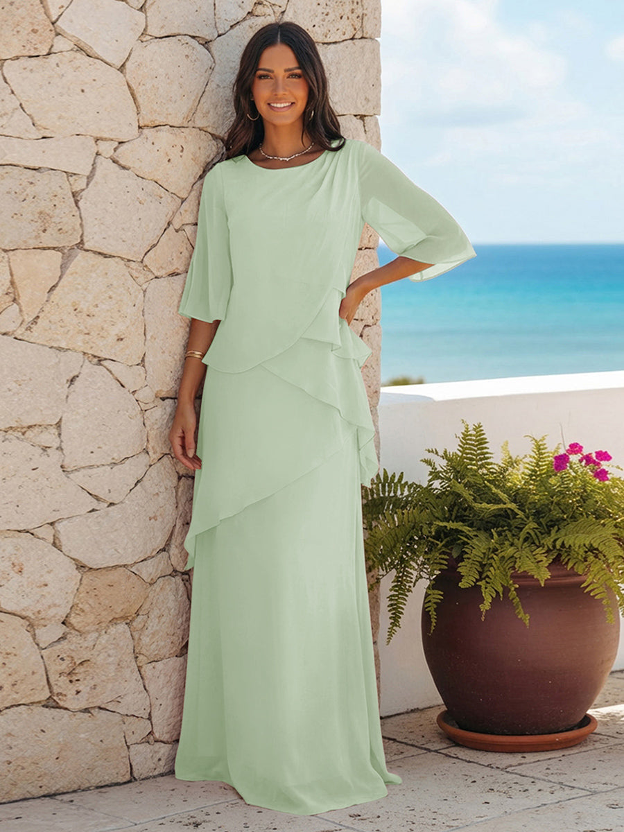 A Line Scoop Half Sleeves Simple Mother of the Bride Dresses with Ruffles