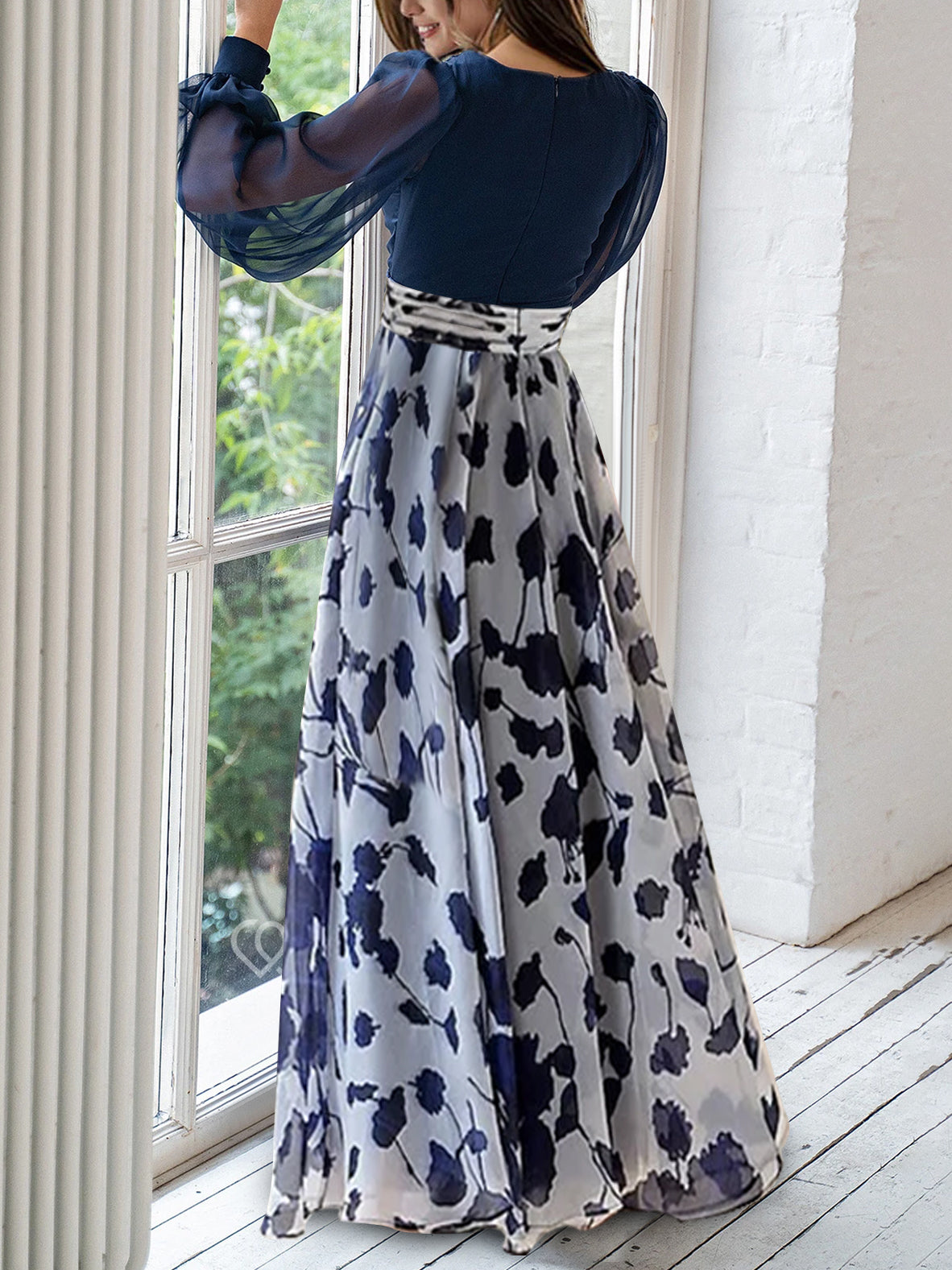 Blue-Grey Chiffon Printed V-Neck Fitted Waist Maxi Dress
