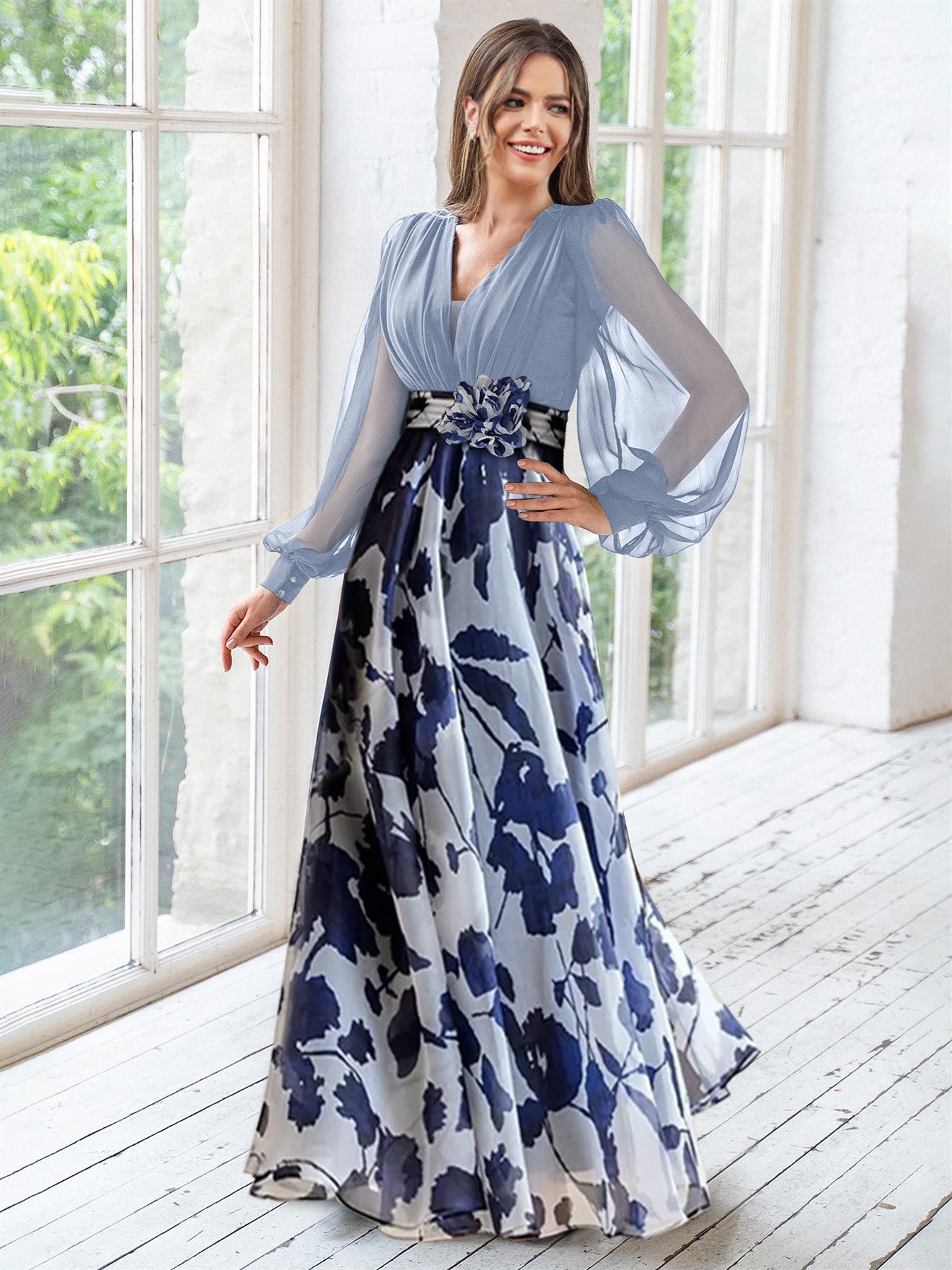 Blue-Grey Chiffon Printed V-Neck Fitted Waist Maxi Dress