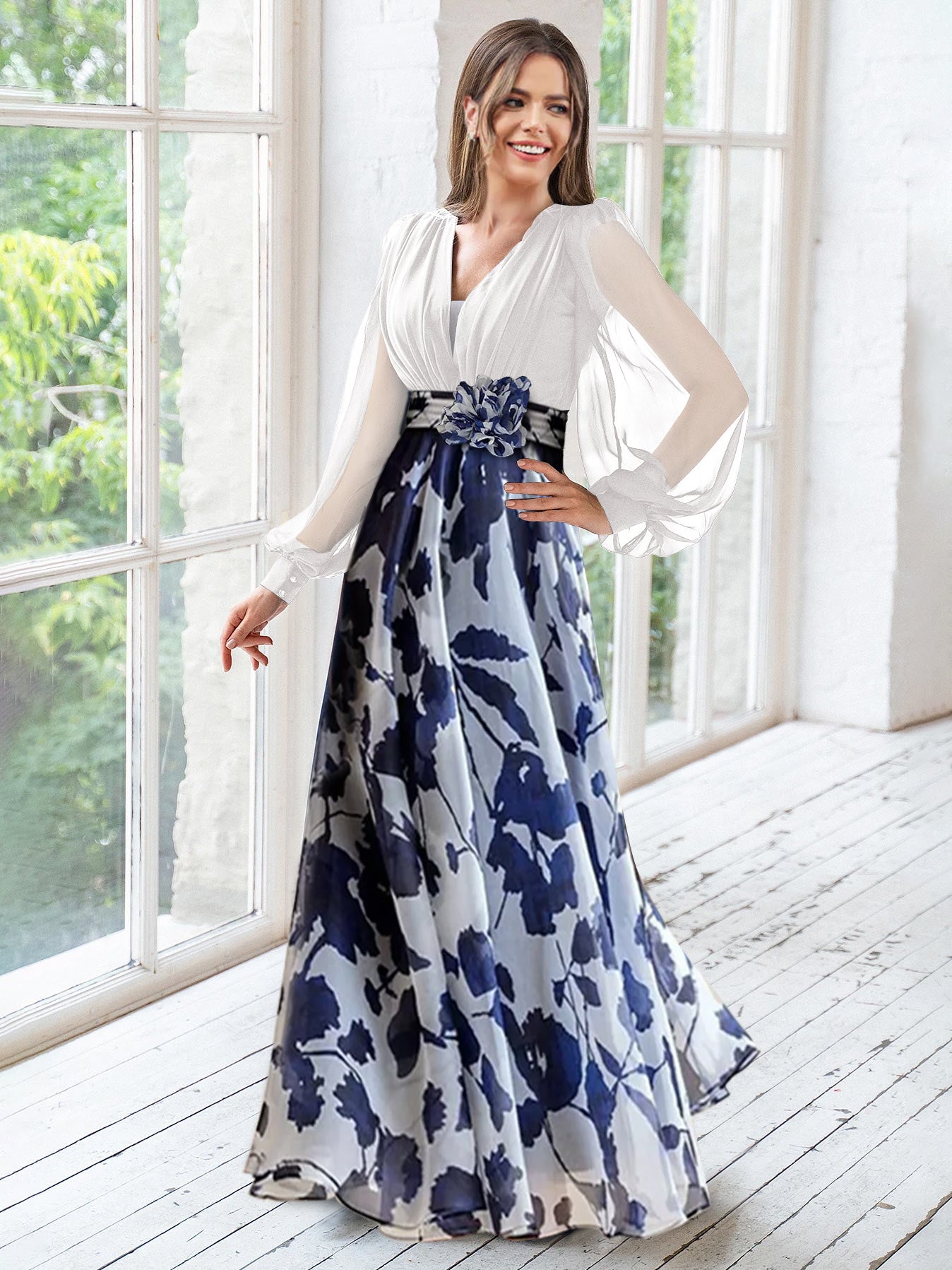 Blue-Grey Chiffon Printed V-Neck Fitted Waist Maxi Dress