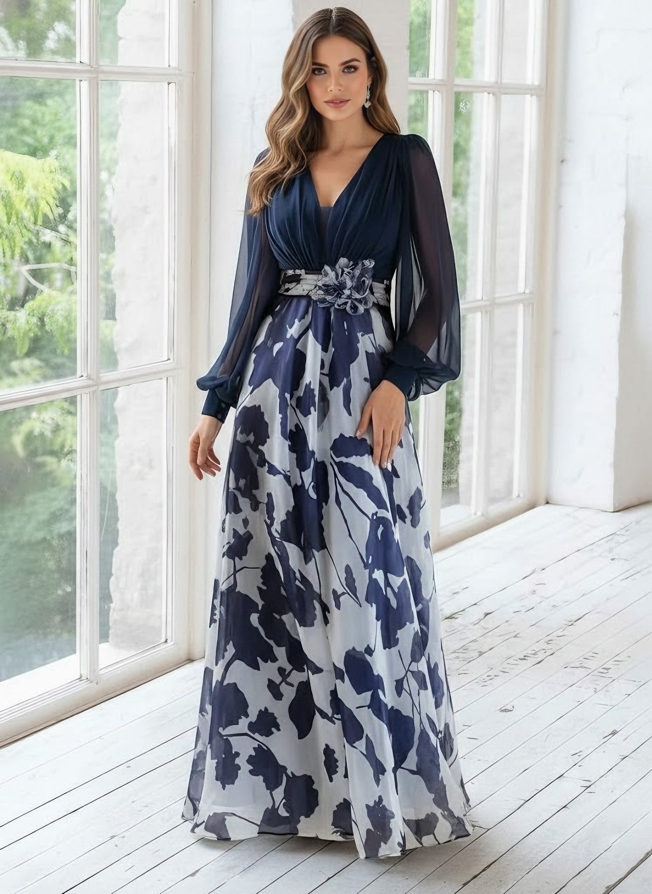 Blue-Grey Chiffon Printed V-Neck Fitted Waist Maxi Dress