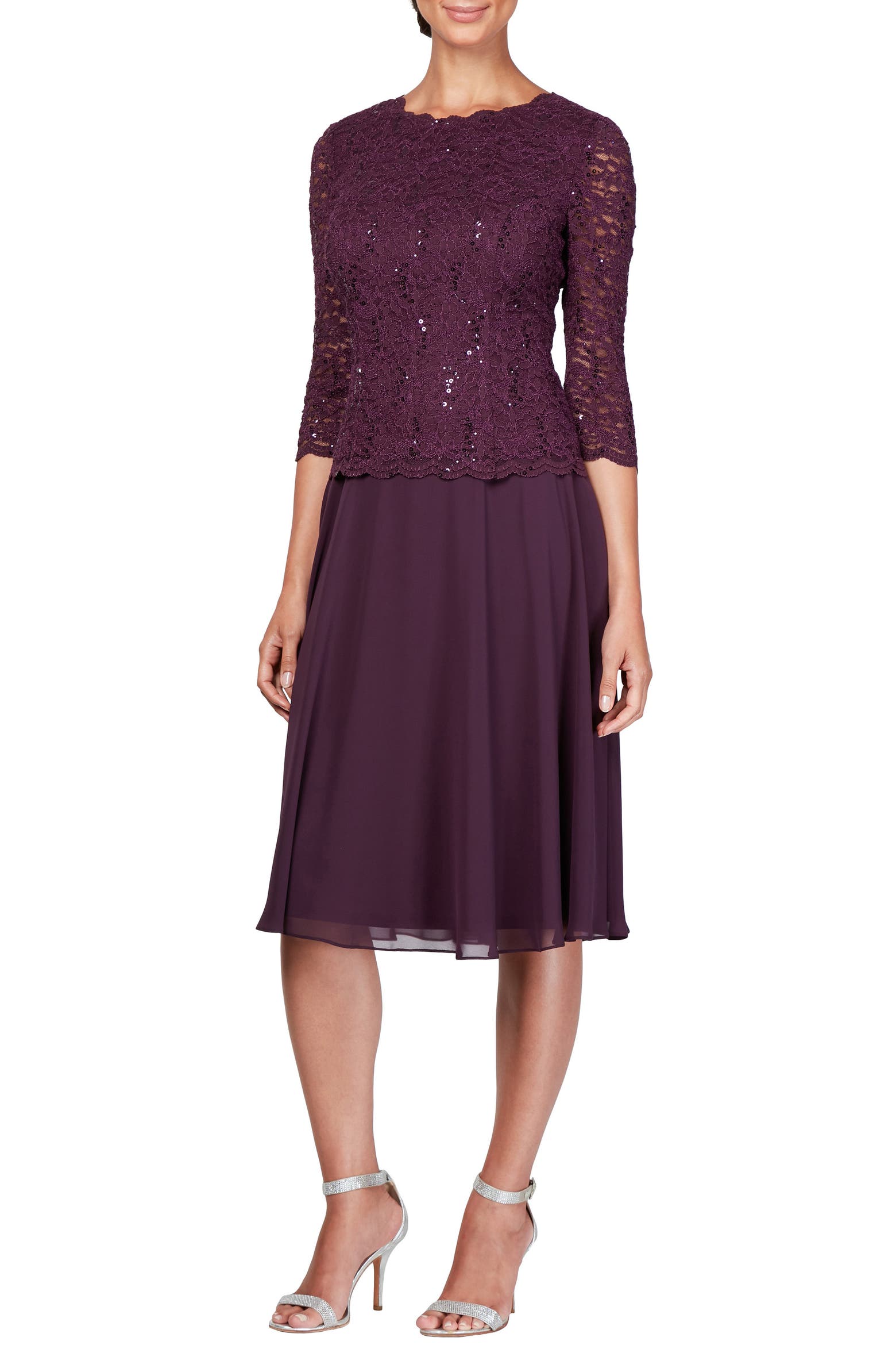 Classic Sequined Lace and Chiffon Two-Piece Knee-Length Dress Set