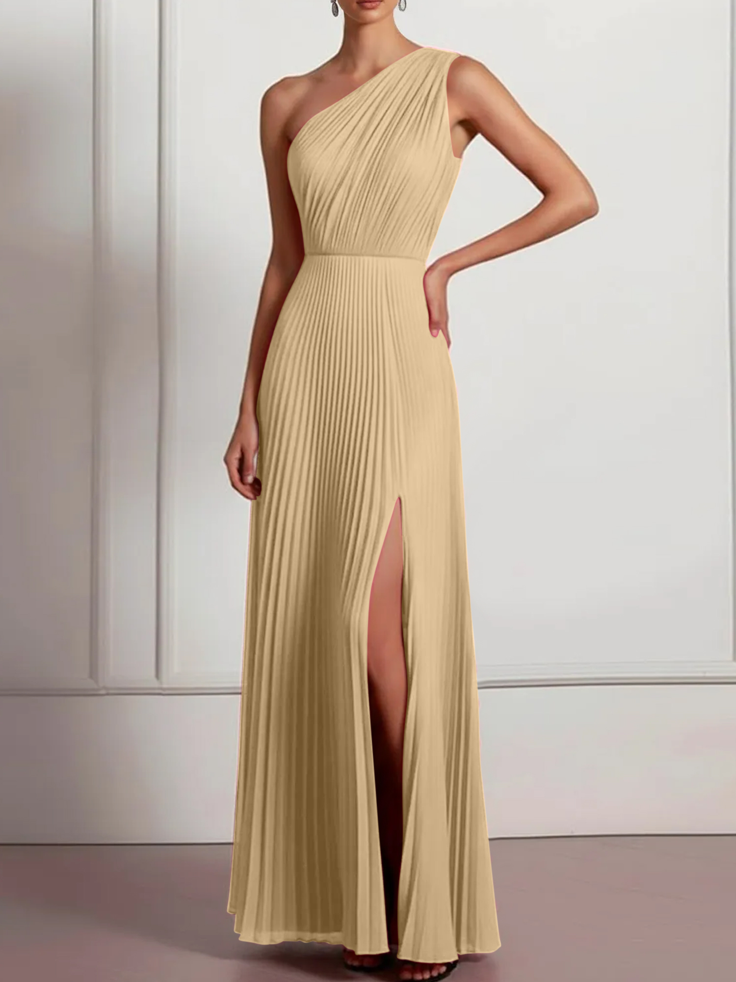 Blush Formal Party Dress One Shoulder Pleated Maxi Dress with Slit