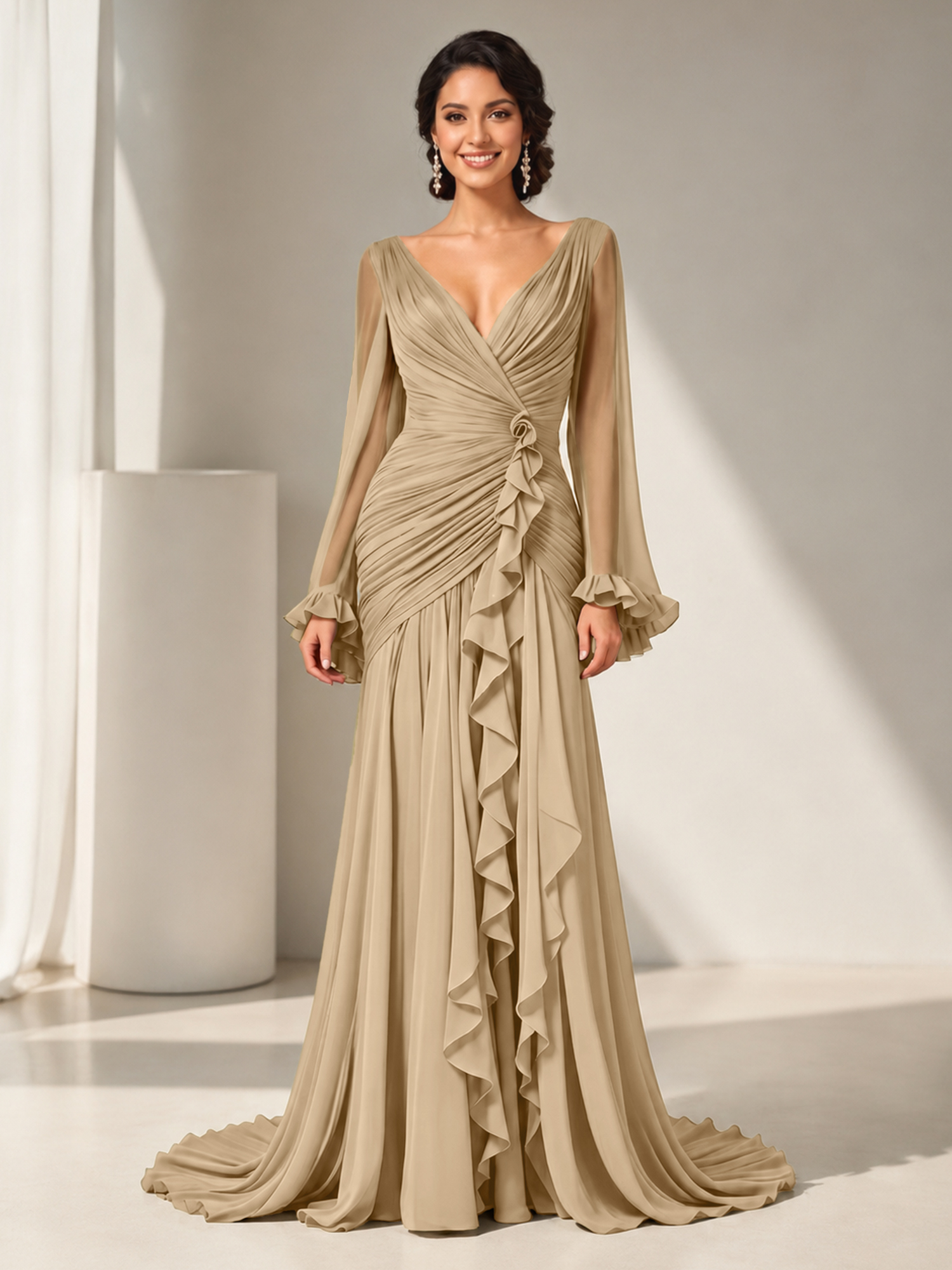Sophisticated Ruched Chiffon V-Neck Gown with Cascading Ruffles