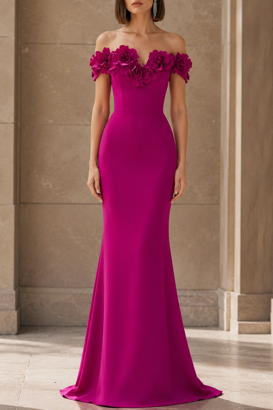 Off-Shoulder 3D Floral Appliqués Fishtail Maxi Dress