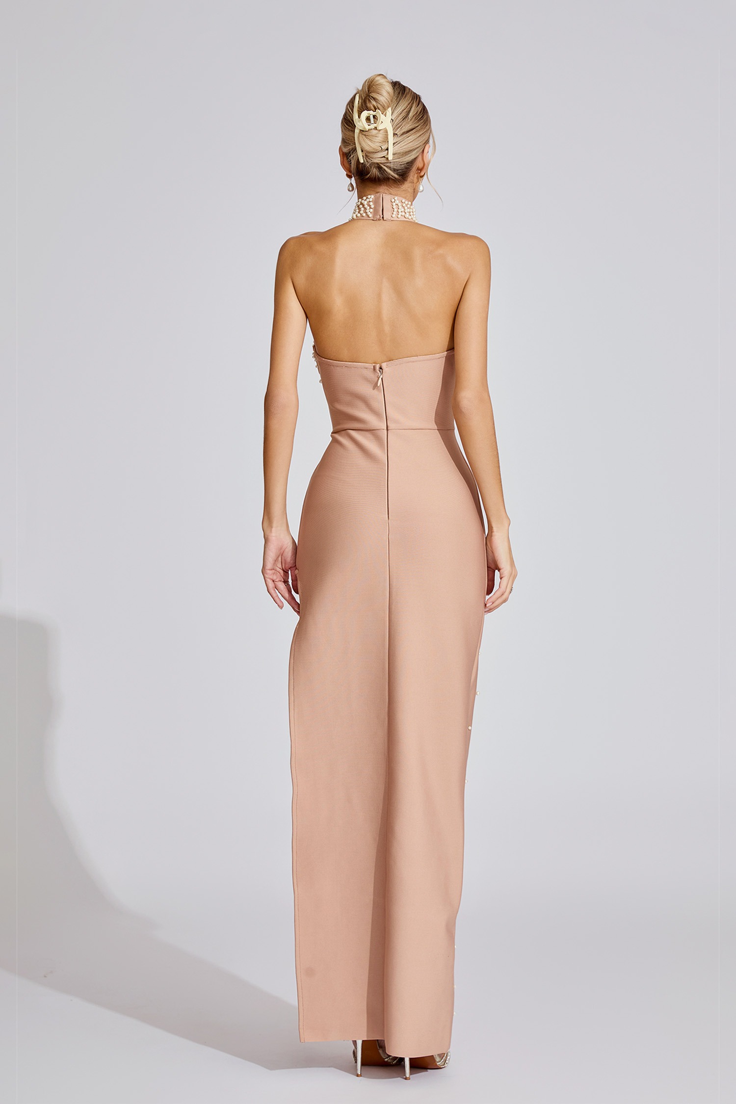 Nude Pearl Embellished Halter Maxi Dress