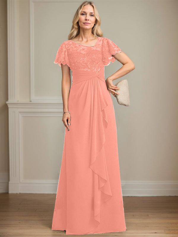 A-line Asymmetrical Illusion Floor-Length Lace Chiffon Mother of the Bride Dress With Cascading Ruffles Sequins