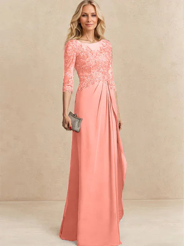 A-line Scoop Illusion Floor-Length Chiffon Lace Mother of the Bride Dress With Beading Sequins Cascading Ruffles