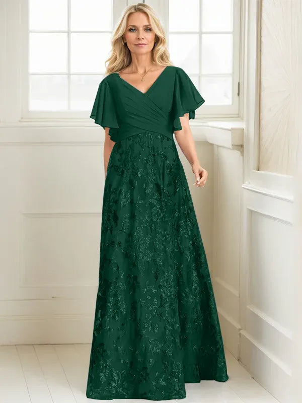 A-line V-Neck Floor-Length Lace Sequin Chiffon Mother of the Bride Dress With Pleated