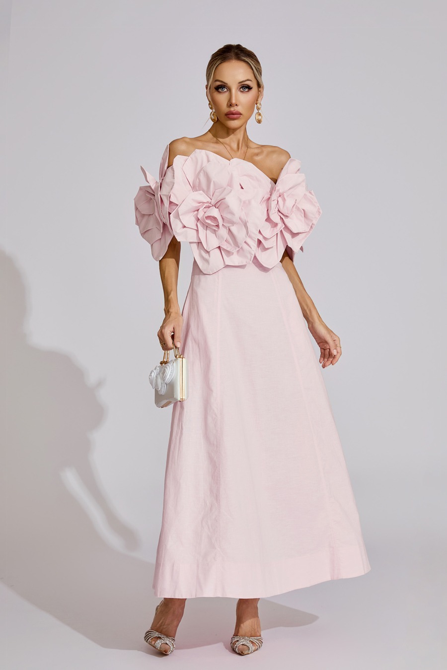 Pink 3D Flower Off-the-shoulder Maxi Dress