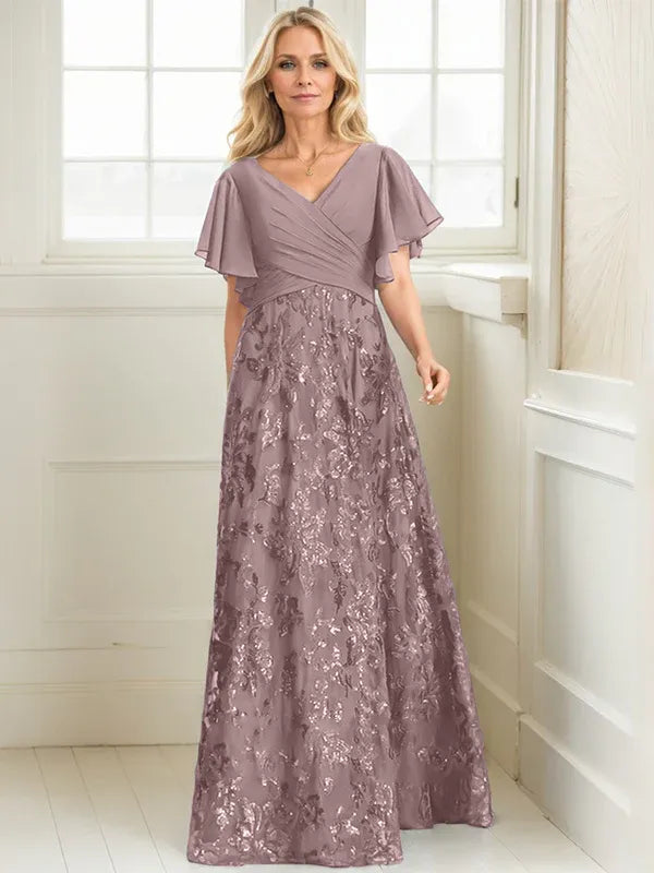 A-line V-Neck Floor-Length Lace Sequin Chiffon Mother of the Bride Dress With Pleated
