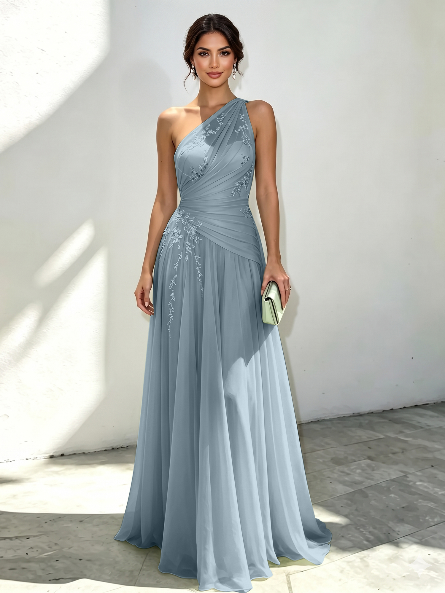 Mint Green Applique 3D Floral Chiffon One Shoulder Sleeveless A-Line Floor Length Dress