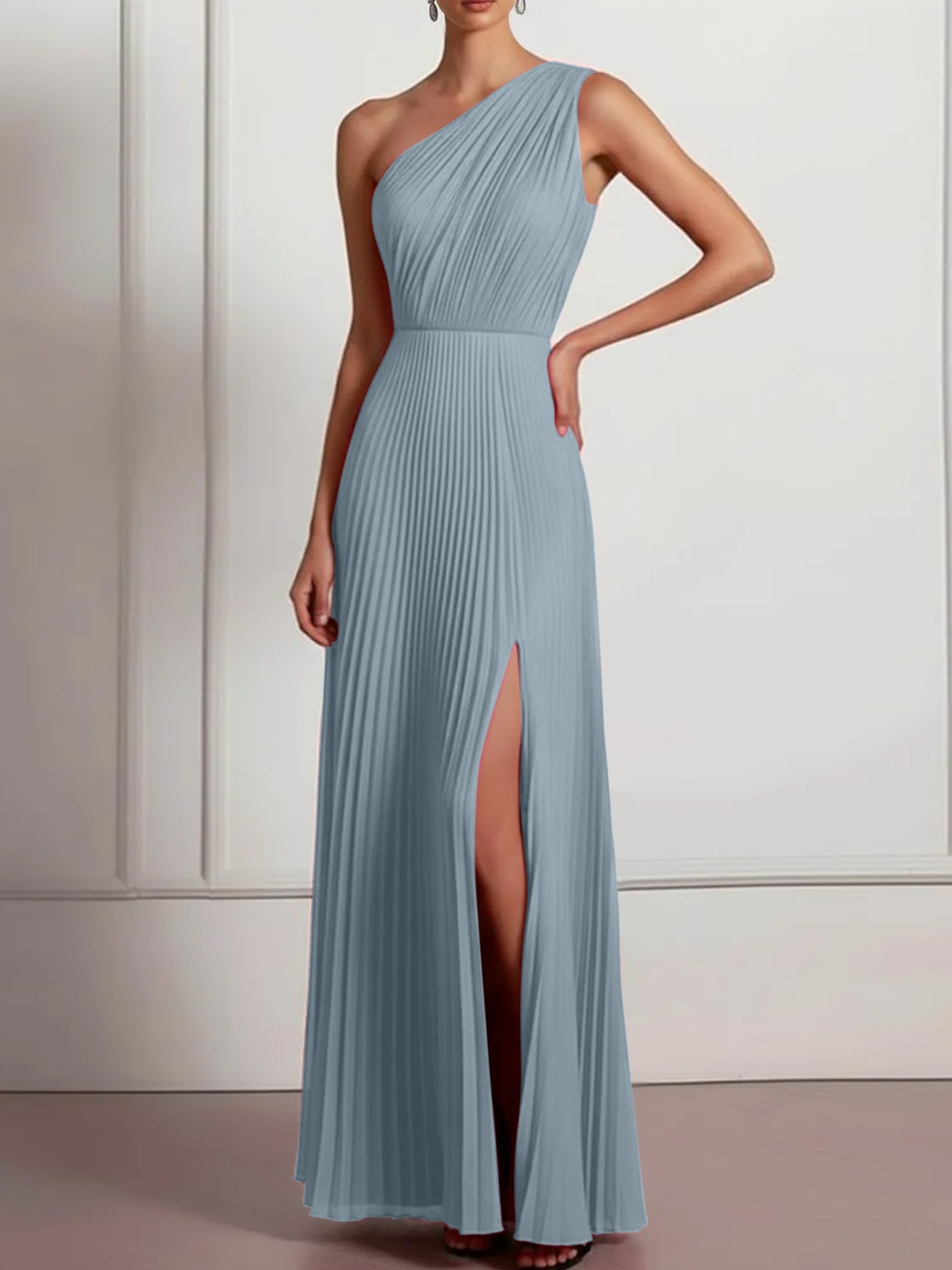 Blush Formal Party Dress One Shoulder Pleated Maxi Dress with Slit