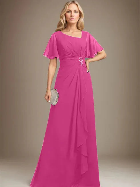A-line Asymmetrical Floor-Length Chiffon Mother of the Bride Dress With Pleated Beading Sequins