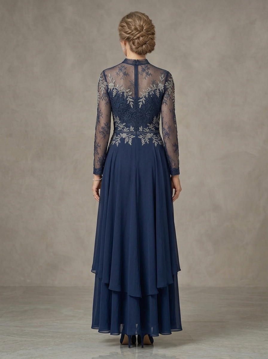 Regal High-Neck Illusion Lace Layered Chiffon Evening Gown