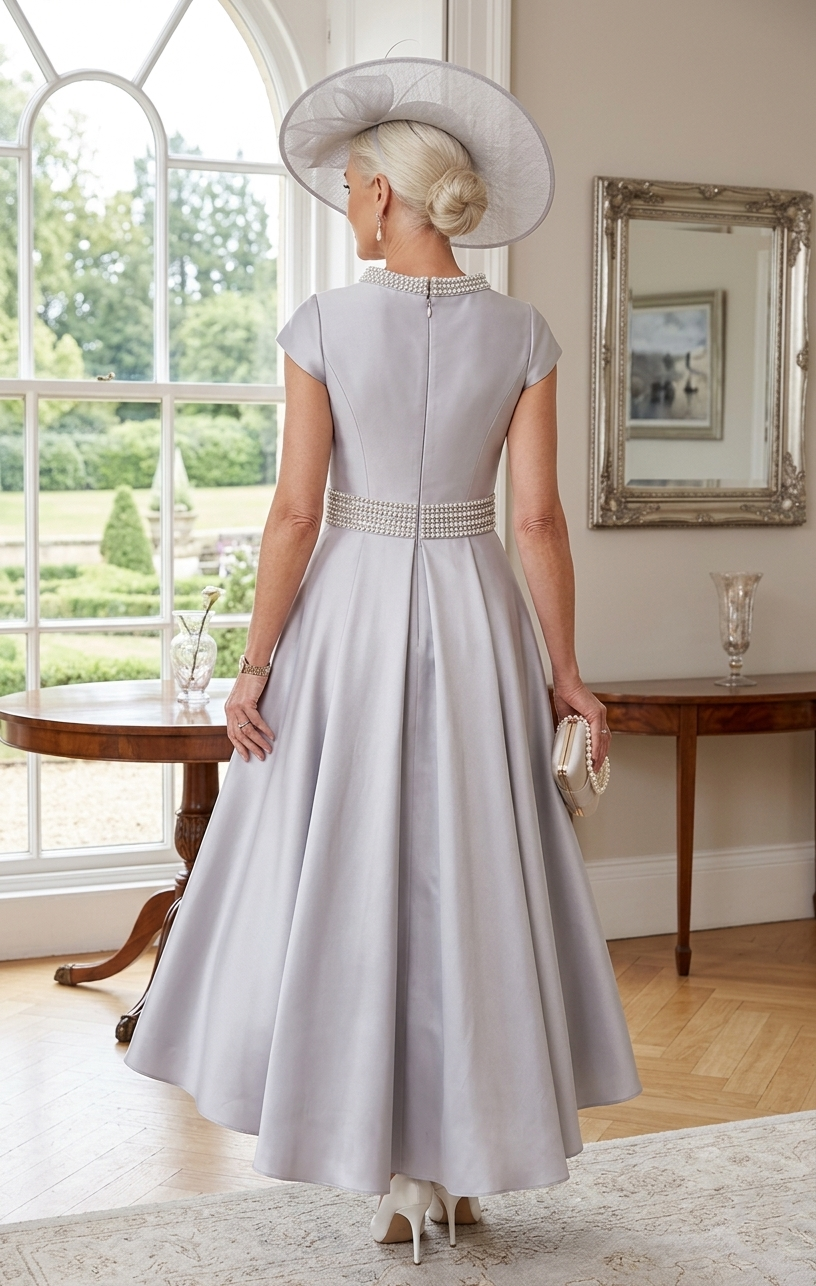 Light Grey Pearl Trim Midi Mother of the Bride Dress