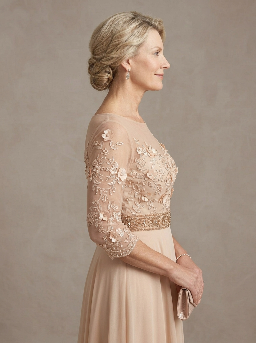 Elegant Illusion Lace and Chiffon A-Line Gown with Embellished Waist