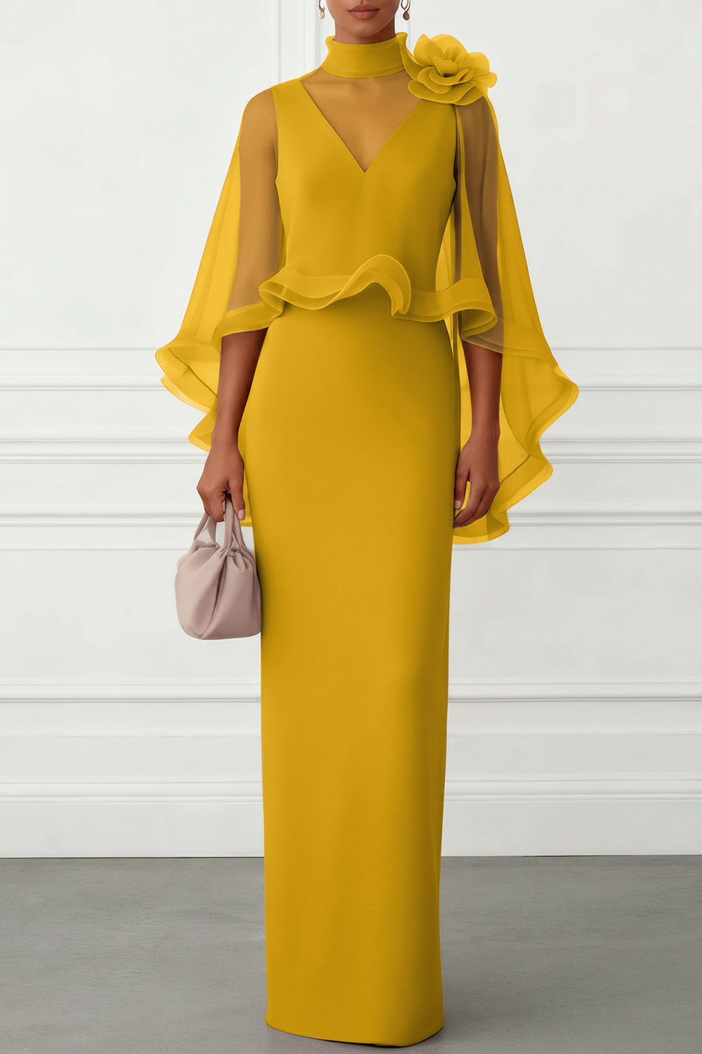 Nudepink 3D Floral Mesh Classic Mock Neck Half Sleeve Sheath Floor-length Gown Dress