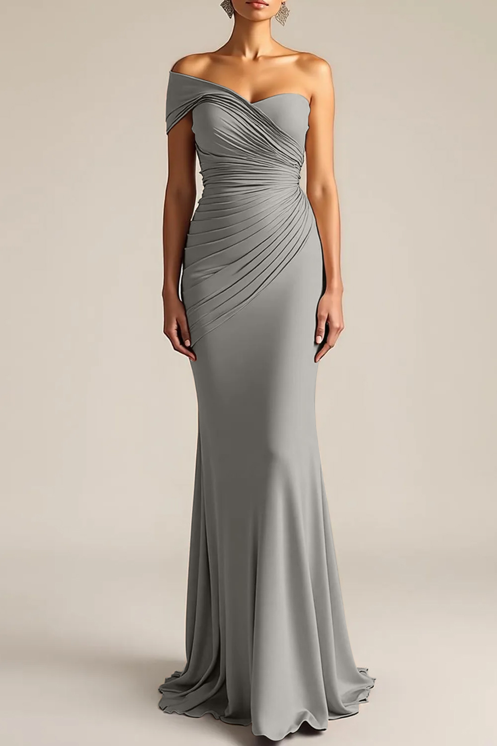 Formal Dress Light Khaki Sheath One Shoulder Maxi Dress