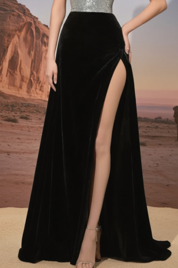 Formal Evening Dress Black Strapless Slit Maxi Dress