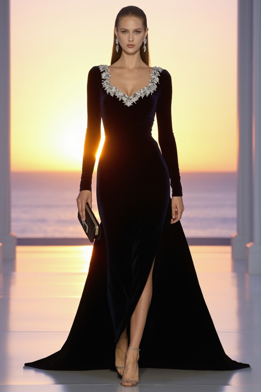Formal Evening Velvet Dress Navy V Neck Long Sleeve Slit Midi Dress