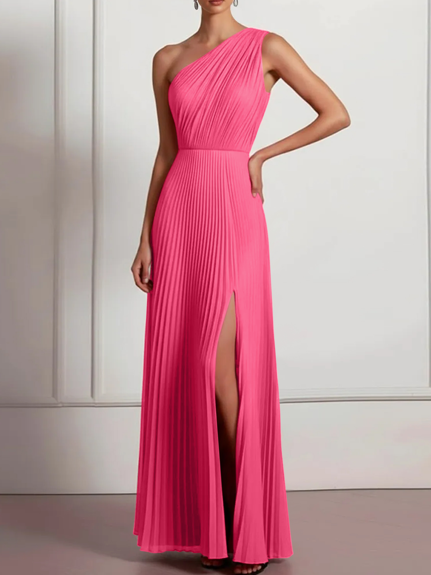 Blush Formal Party Dress One Shoulder Pleated Maxi Dress with Slit