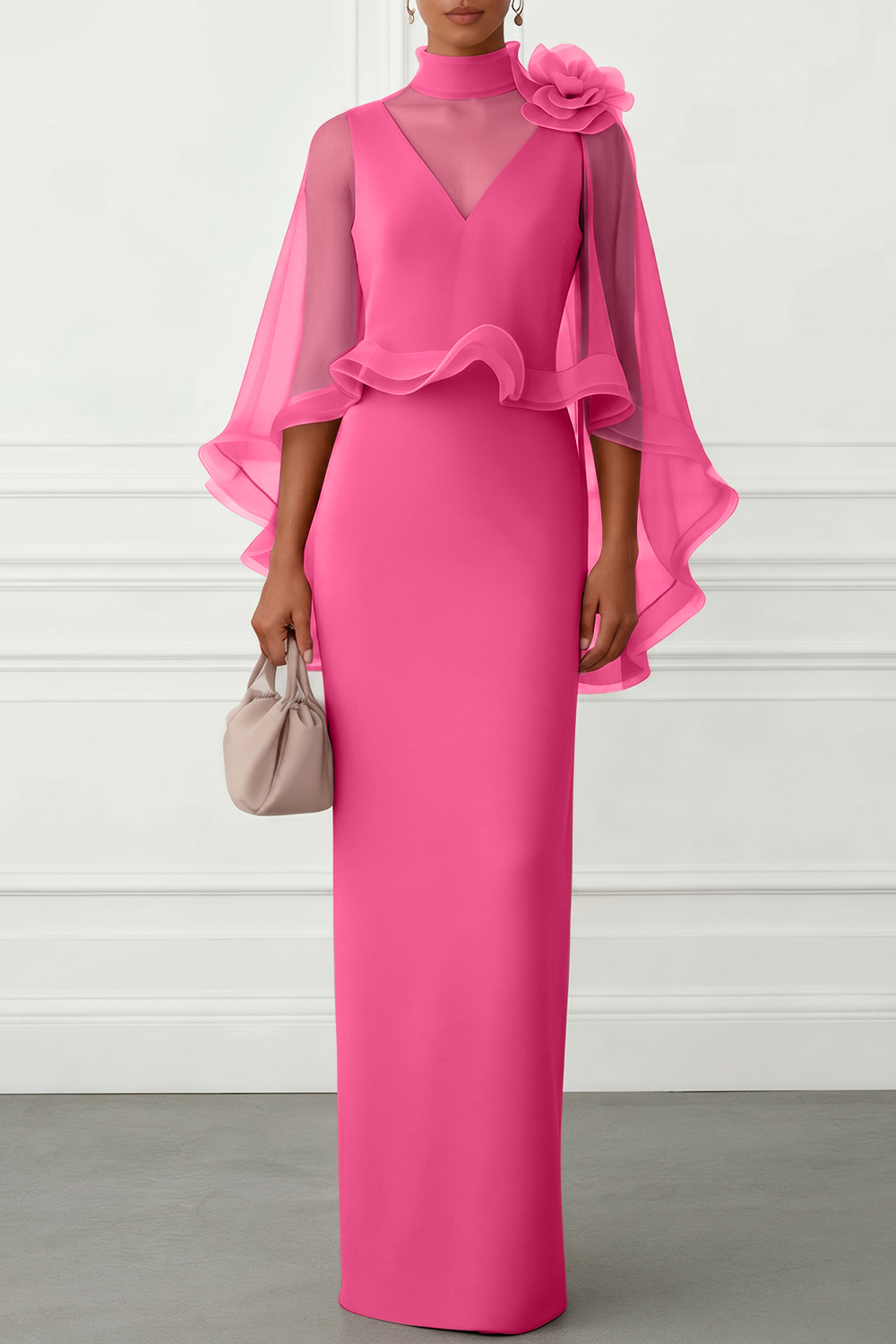 Nudepink 3D Floral Mesh Classic Mock Neck Half Sleeve Sheath Floor-length Gown Dress