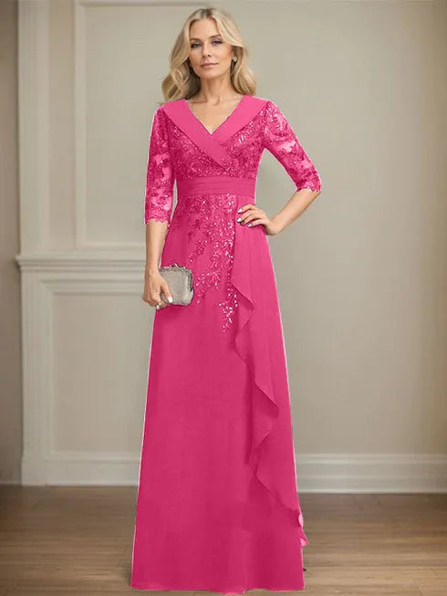 A-line Collared V-Neck Floor-Length Lace Chiffon Mother of the Bride Dress With Sequins Cascading Ruffles