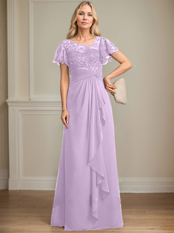 A-line Asymmetrical Illusion Floor-Length Lace Chiffon Mother of the Bride Dress With Cascading Ruffles Sequins