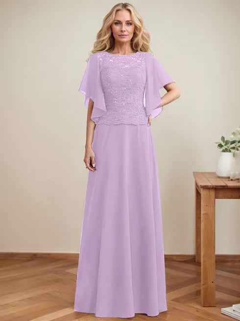 A-line Scoop Illusion Floor-Length Lace Chiffon Mother of the Bride Dress With Sequins