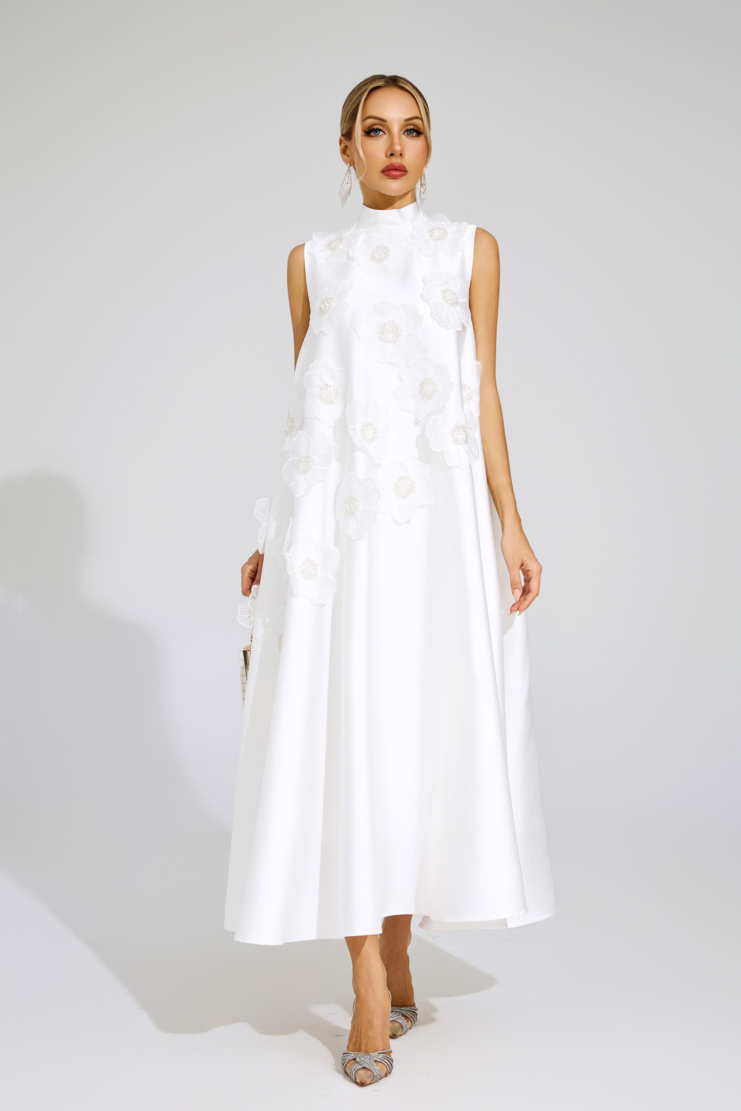 White High Neck Sleeveless 3D Flowers Embroidered Evening Gown