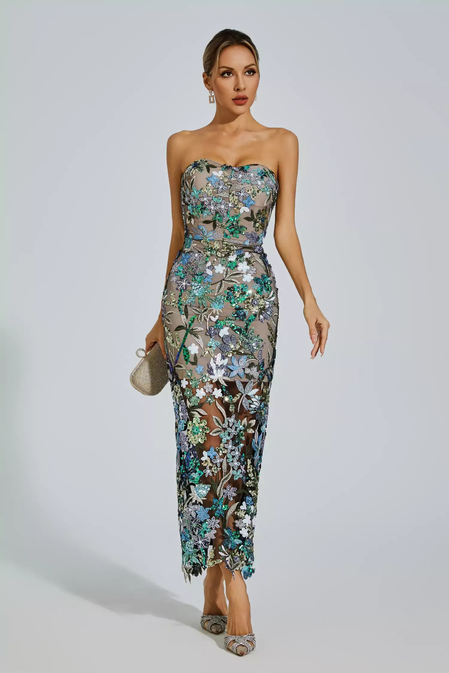 Glamorous Strapless Bodycon Evening Dress with 3D Floral Embroidery