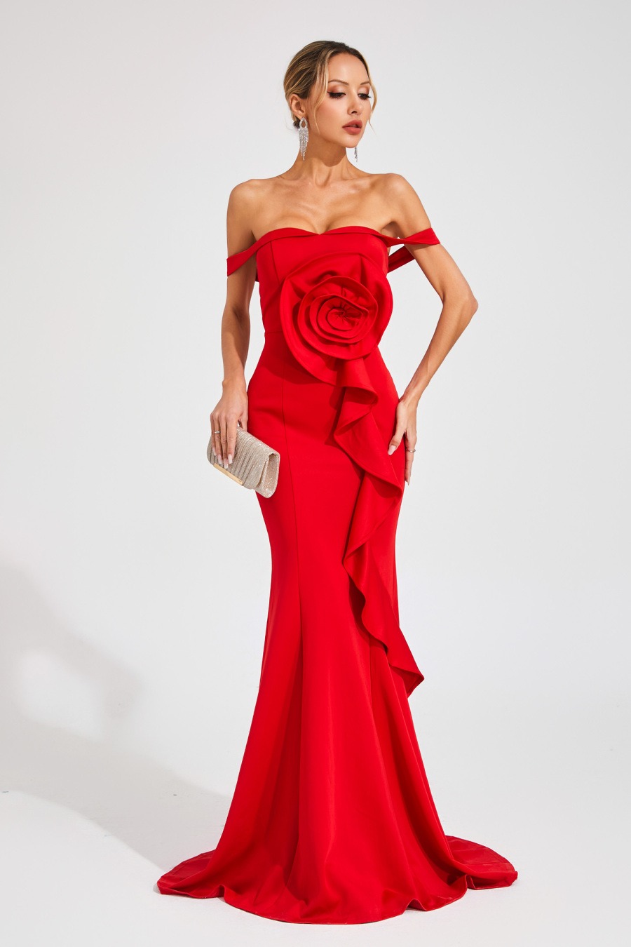 Red Off-the-shoulder Mermaid Gown with Flower Detail