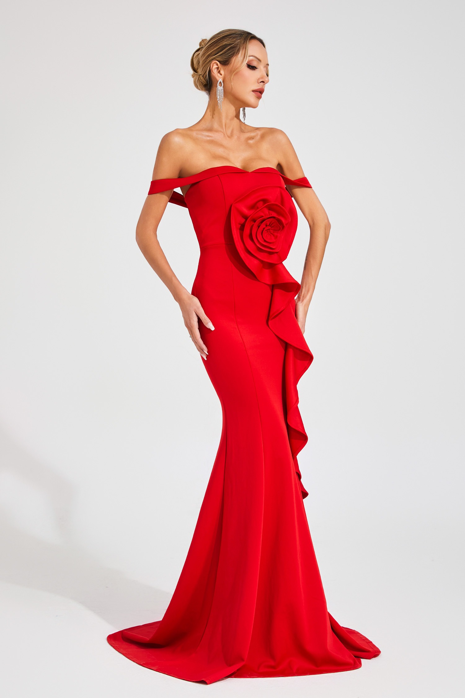 Red Off-the-shoulder Mermaid Gown with Flower Detail
